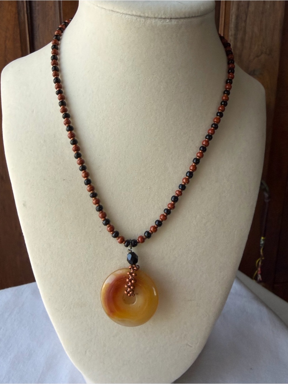 Amber Tone Donut Pendent Brown & Black Beaded Bronze Tone Boho Necklace